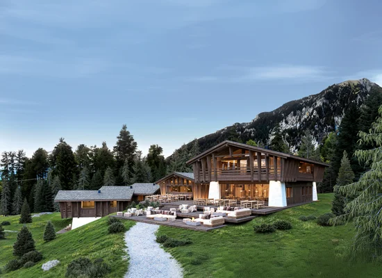 Luxuriöses Holzchalet mit Terrasse und Lounge-Möbeln auf grüner Wiese, umgeben von Nadelbäumen und Bergen
