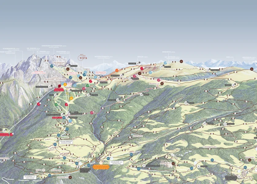 Mappa panoramica illustrata dell'area escursionistica Merano 2000 con sentieri, impianti e vette in Alto Adige